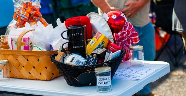 A basket with coffee items being raffled off.