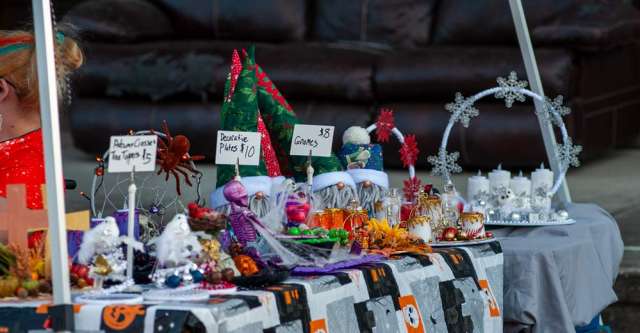 Halloween and Christmas items for sale.