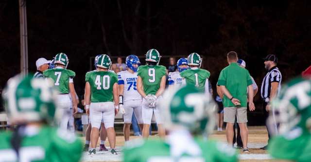 THAYER, MO – NOVEMBER 14: Thayer Bobcats and Marionville Comets captains meet in the field for the coin toss during the high school football game between the Thayer Bobcats and the Marionville Comets on November 14, 2025, at the Thayer High School football field in Thayer, MO. (Photo by Curtis Thomas/AltonMo.com)