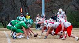 THAYER, MO – NOVEMBER 22: Thayer Bobcats and Tipton Cardinals players at the line of scrimmage during the high school football game between the Thayer Bobcats and the Tipton Cardinals on November 22, 2025, at the Thayer High School football field in Thayer, MO. (Photo by Curtis Thomas/AltonMo.com)