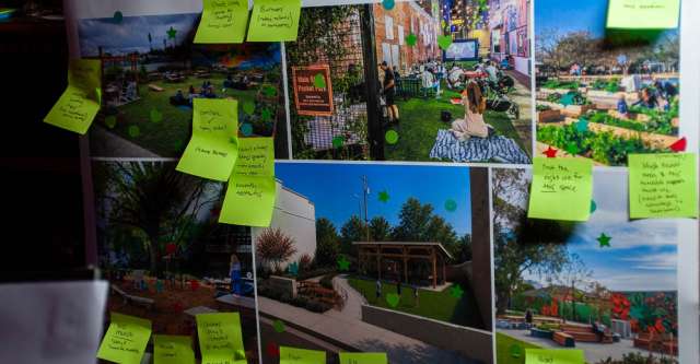 Sticky notes outlining what people like and don't like with the various pocket parks.