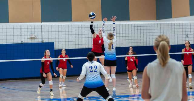 ALTON, MO – SEPTEMBER 15: Alton Comets Ally Baldridge (11) blocks a spike during the high school volleyball game between the Alton Comets and the Dora Falcons on September 15, 2026, at the Alton High School Gym in Alton, Missouri. (Photo by Amanda Thomas/AltonMo.com)