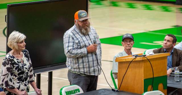 Jake Parker speaks at Thayer town hall meeting.