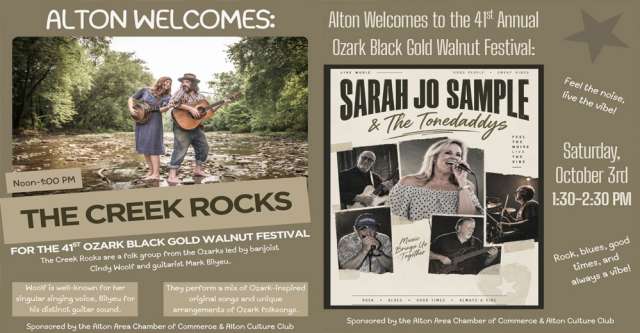 The Creek Rocks and Sarah Jo Sample & the Tonedaddys are coming to the 2026 Walnut Festival.