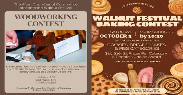 The baking and woodworking contests will be held at the Walnut Festival again.