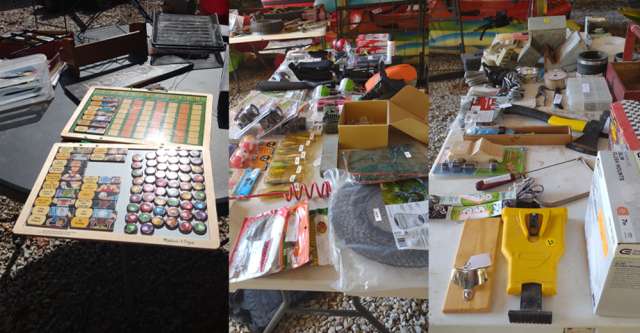 Toys, games, fishing equipment, tool for a yard sale.