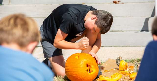 A boy works on carving his masterpiece.